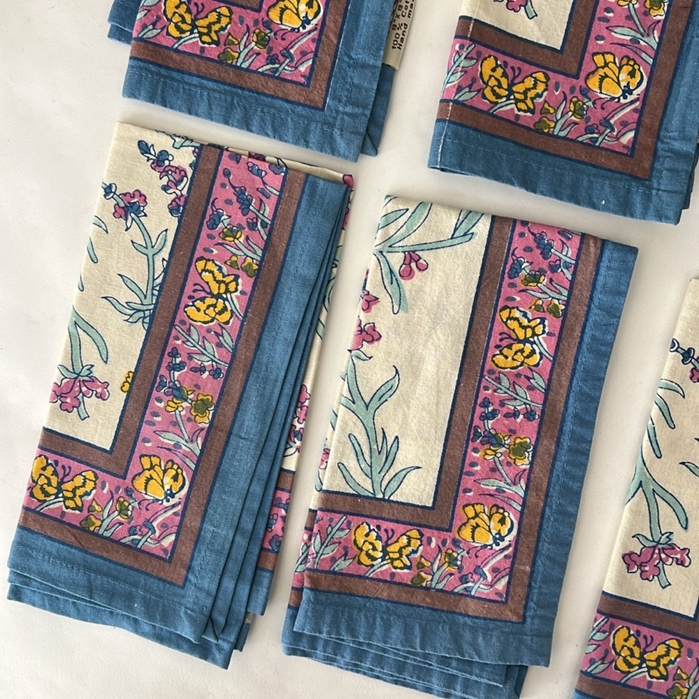 COULEUR NATURE Papillon Blue Fleur Butterfly Napkin Set (6)